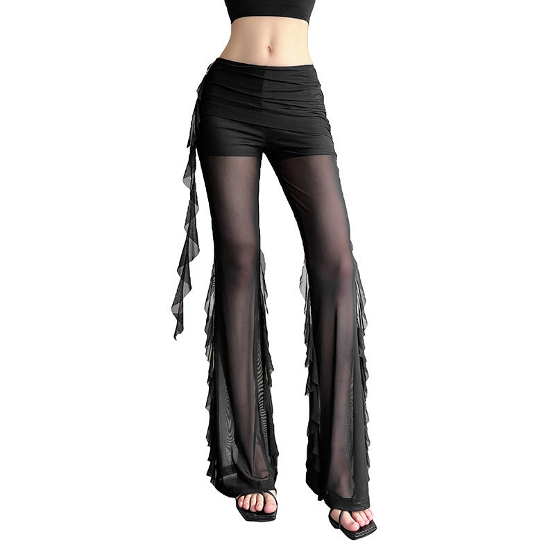 Fashion Women's Wear Ruffled Pleated Mesh Stitching See-through Casual Pants