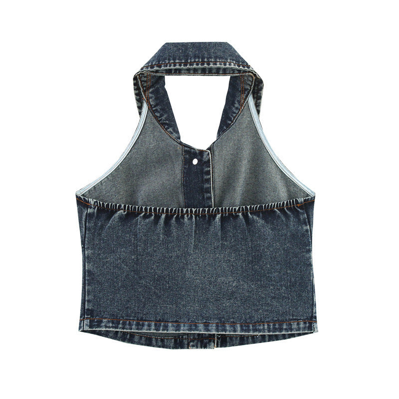 Sexy Big Backless Lapel Halter Denim Camisole
