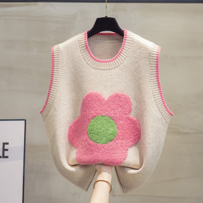 Spring Autumn Outerwear Lace-up Towel Embroidery Flower Knitted Vest