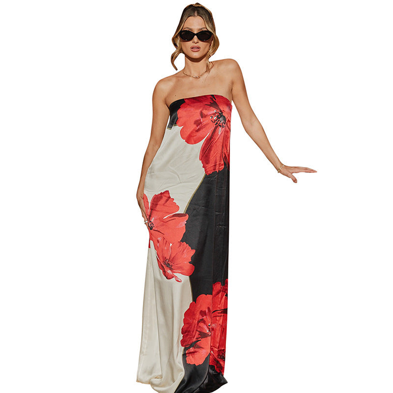 Contrast Color Sleeveless Sexy Print Tube Top Length Dress