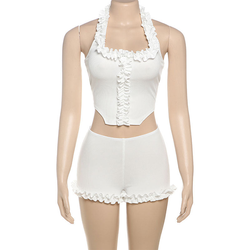 Fashion Women's Crop-top Spaghetti-strap Shorts Suit