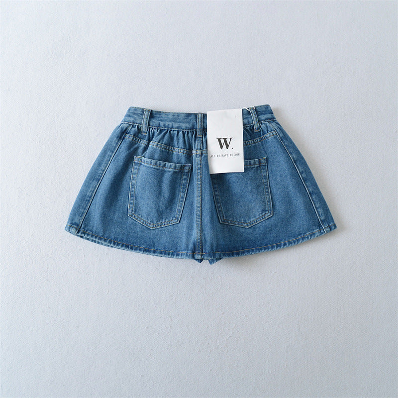 Retro Mid-low Waist Anti-exposure Denim A- Line Bubble Short Skirt