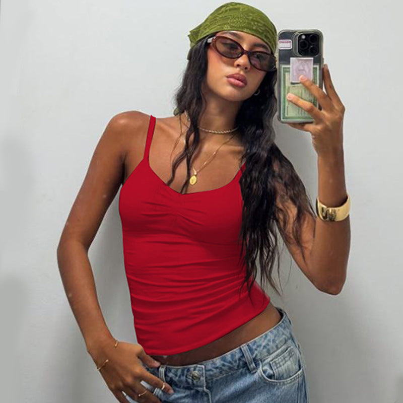 New Fashion V-neck Basic Style Solid Color Slim Strap Backless Vest