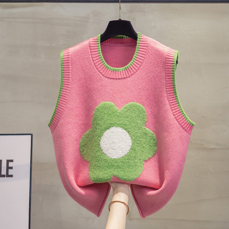 Spring Autumn Outerwear Lace-up Towel Embroidery Flower Knitted Vest