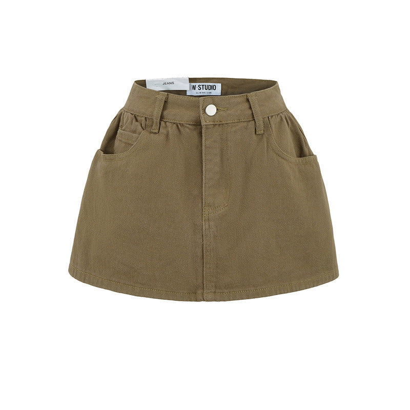 Retro Mid-low Waist Anti-exposure Denim A- Line Bubble Short Skirt