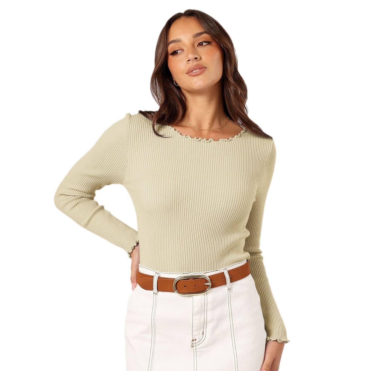 Round Neck Long Sleeve Slim Fit Shoulder Rib Women's Top