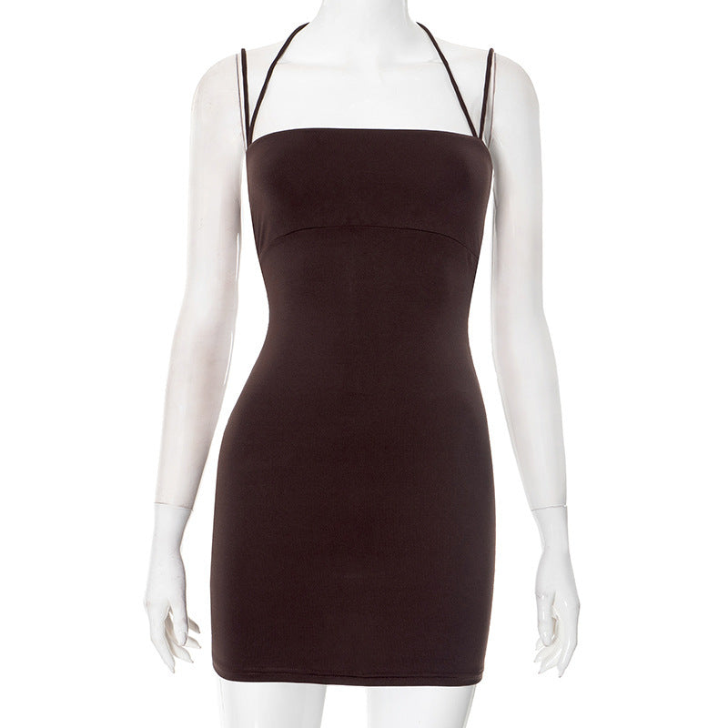 Solid Color Square Collar Double-shoulder Strap Sexy Sheath Dress