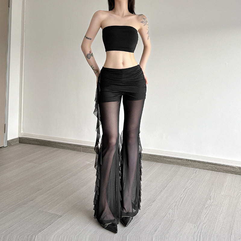 Fashion Women's Wear Ruffled Pleated Mesh Stitching See-through Casual Pants