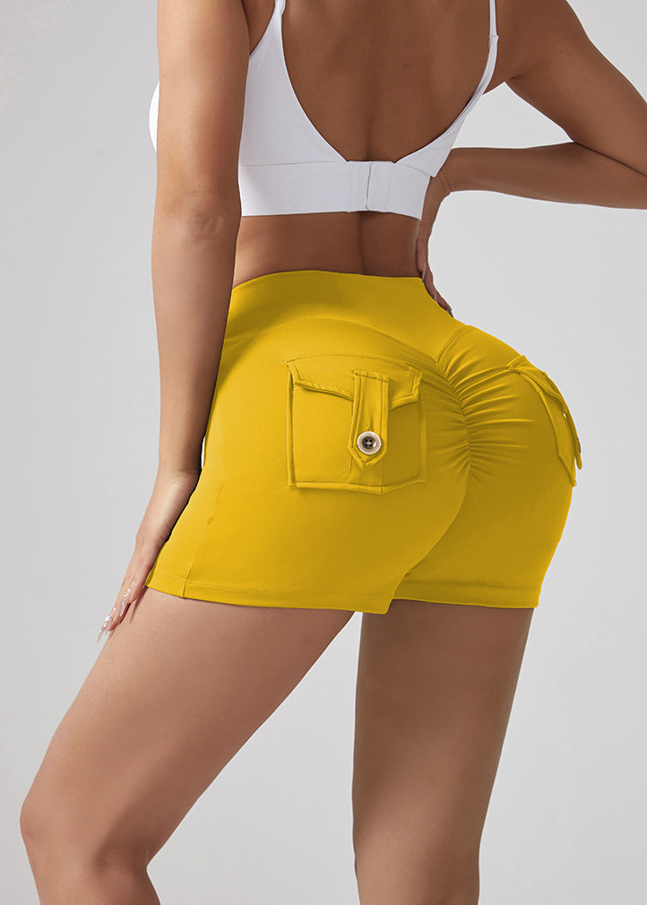 V-waist Stretch Yoga Workwear, Pocket Button Tight Pants, Women's Peach Hip Running And Fitness Shorts