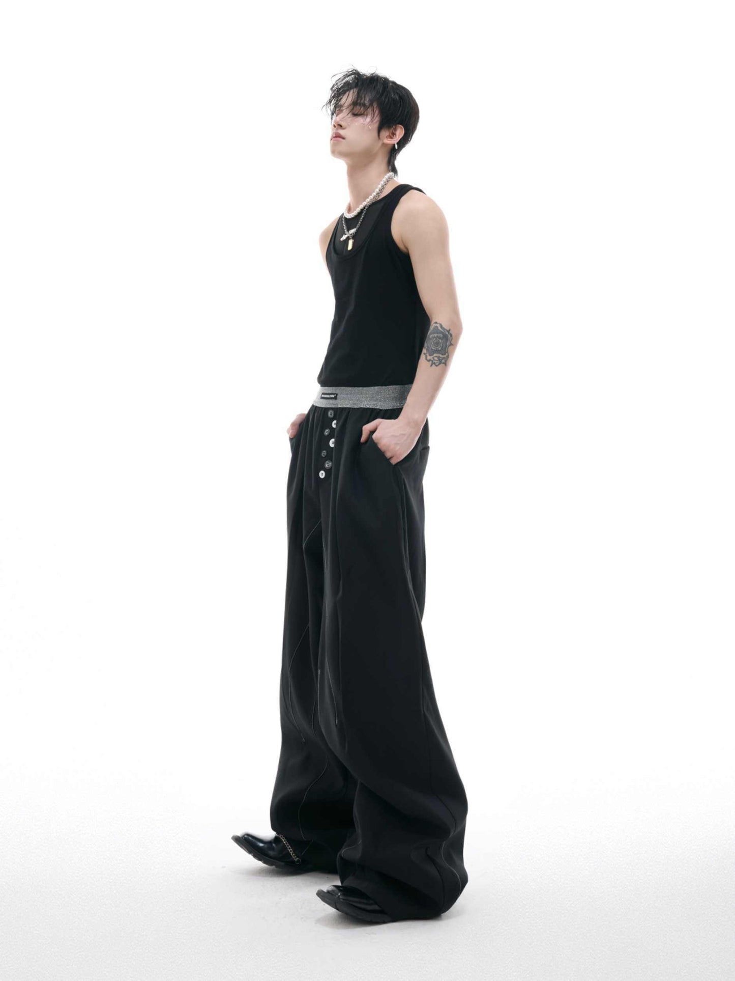Drooping Straight Suit Pants Button Open Line Design Casual Pants