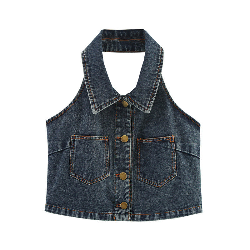 Sexy Big Backless Lapel Halter Denim Camisole