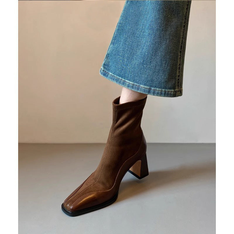 Retro New Chunky Heel High Heel Short Boots Women