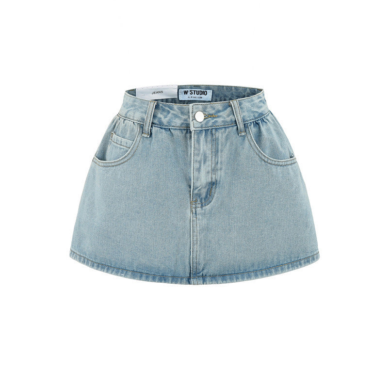 Retro Mid-low Waist Anti-exposure Denim A- Line Bubble Short Skirt
