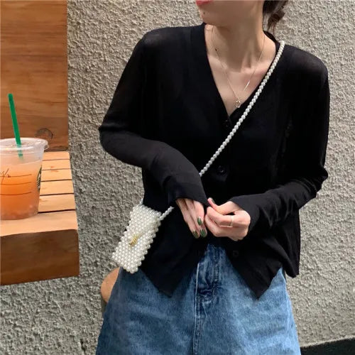Cardigan Shirt Women Tops Korean Long Sleeve Cardigan Summer Tops V Neck Thin Knitted Sunscreen Shirt Sweater Blusas Mujer E600