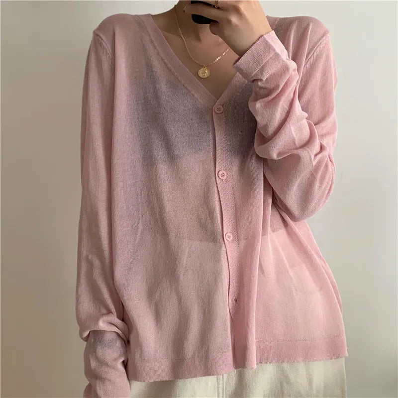 Cardigan Shirt Women Tops Korean Long Sleeve Cardigan Summer Tops V Neck Thin Knitted Sunscreen Shirt Sweater Blusas Mujer E600