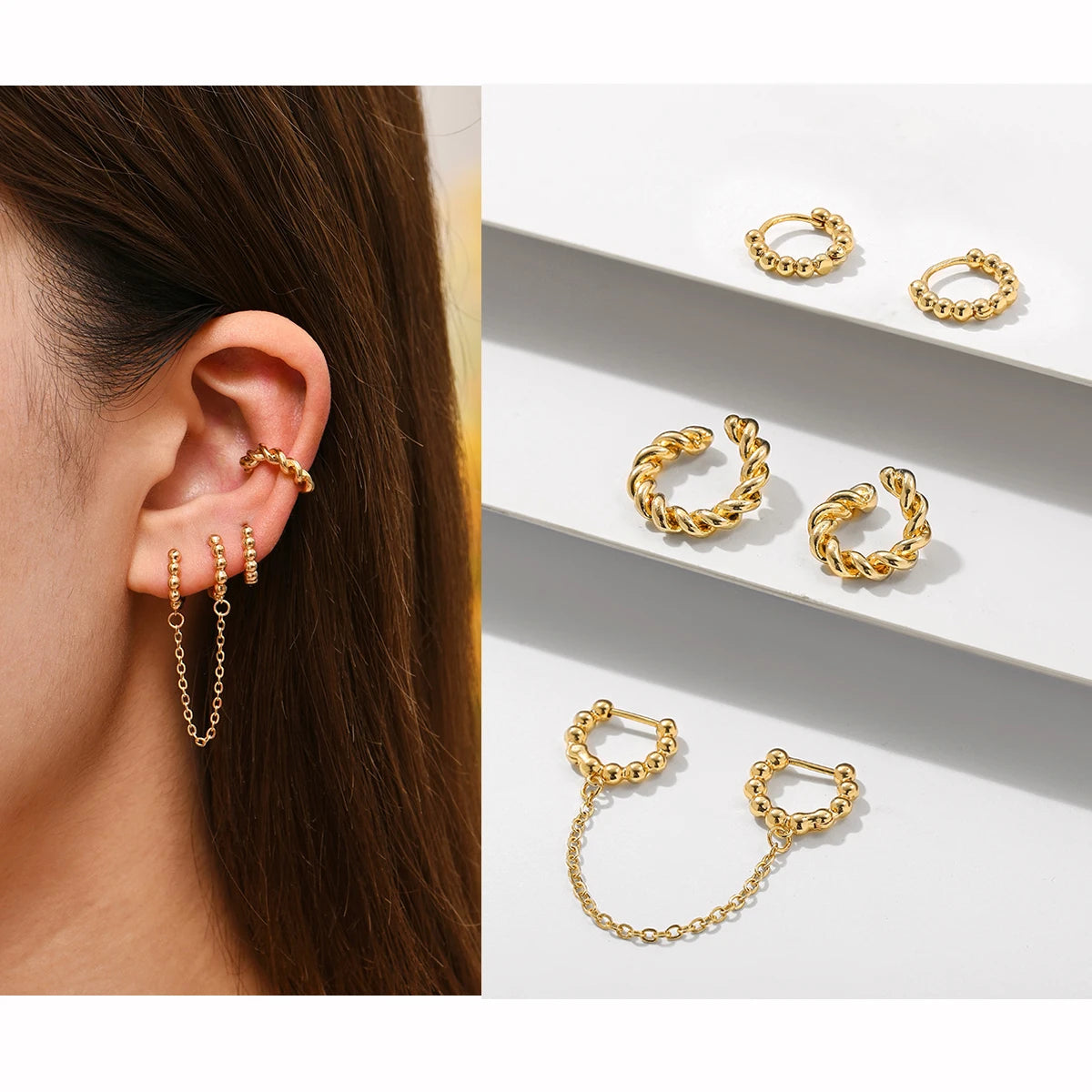 Punk Rock Helix Fake Cartilage Ear Cuff with Long Chain Circle Hoop Earrings Set for Women Tiny Piercing Huggie Earring Jewelry