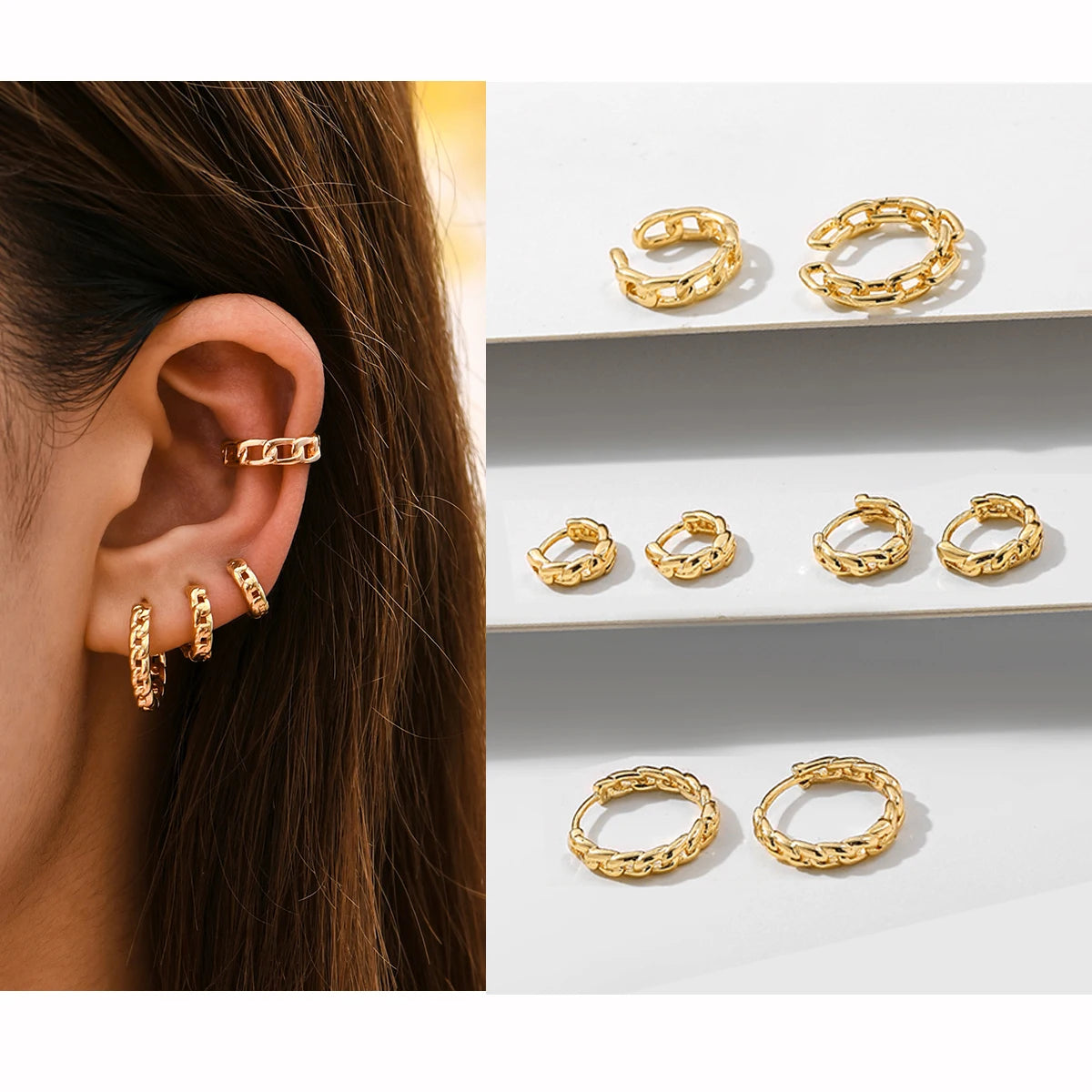 Punk Rock Helix Fake Cartilage Ear Cuff with Long Chain Circle Hoop Earrings Set for Women Tiny Piercing Huggie Earring Jewelry