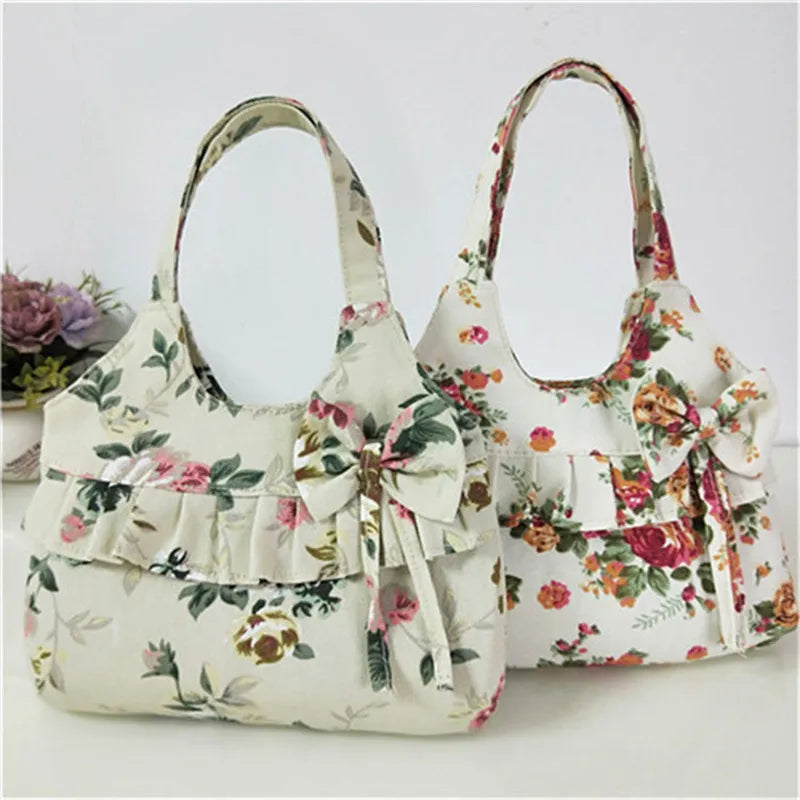Retro Women Canvas Handbag Bow Shoulder Bag Female Flower Printed Fashion Small Canvas Bag Mobile Phone Bag Coin Purse Mini Bag