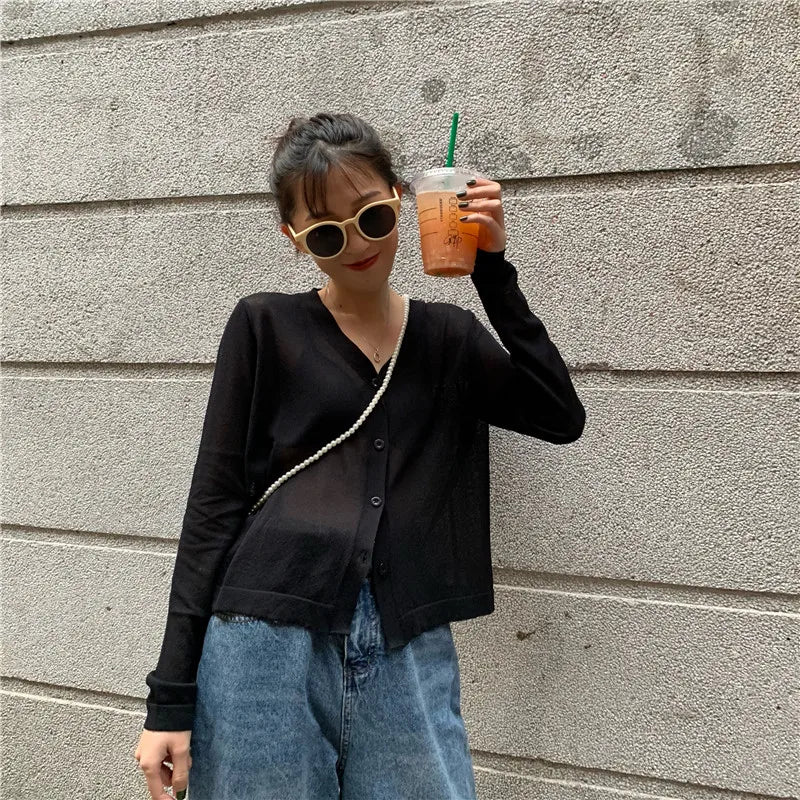 Cardigan Shirt Women Tops Korean Long Sleeve Cardigan Summer Tops V Neck Thin Knitted Sunscreen Shirt Sweater Blusas Mujer E600