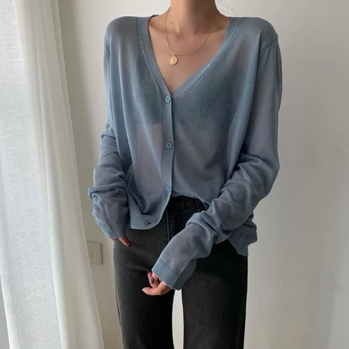 Cardigan Shirt Women Tops Korean Long Sleeve Cardigan Summer Tops V Neck Thin Knitted Sunscreen Shirt Sweater Blusas Mujer E600