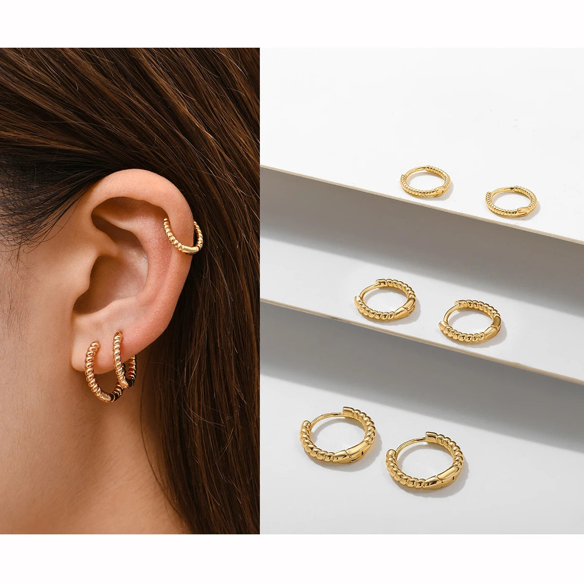 Punk Rock Helix Fake Cartilage Ear Cuff with Long Chain Circle Hoop Earrings Set for Women Tiny Piercing Huggie Earring Jewelry