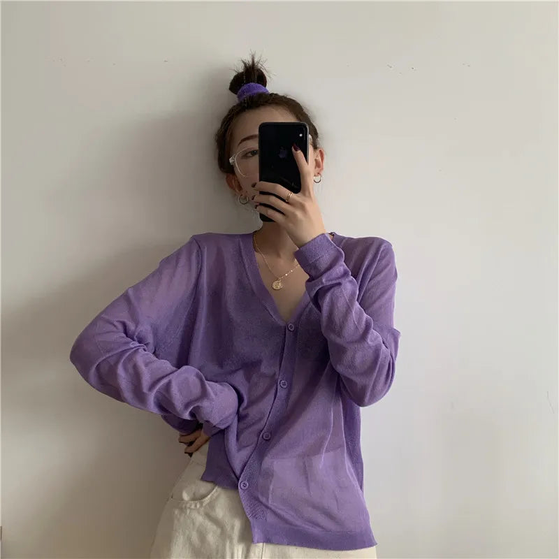 Cardigan Shirt Women Tops Korean Long Sleeve Cardigan Summer Tops V Neck Thin Knitted Sunscreen Shirt Sweater Blusas Mujer E600