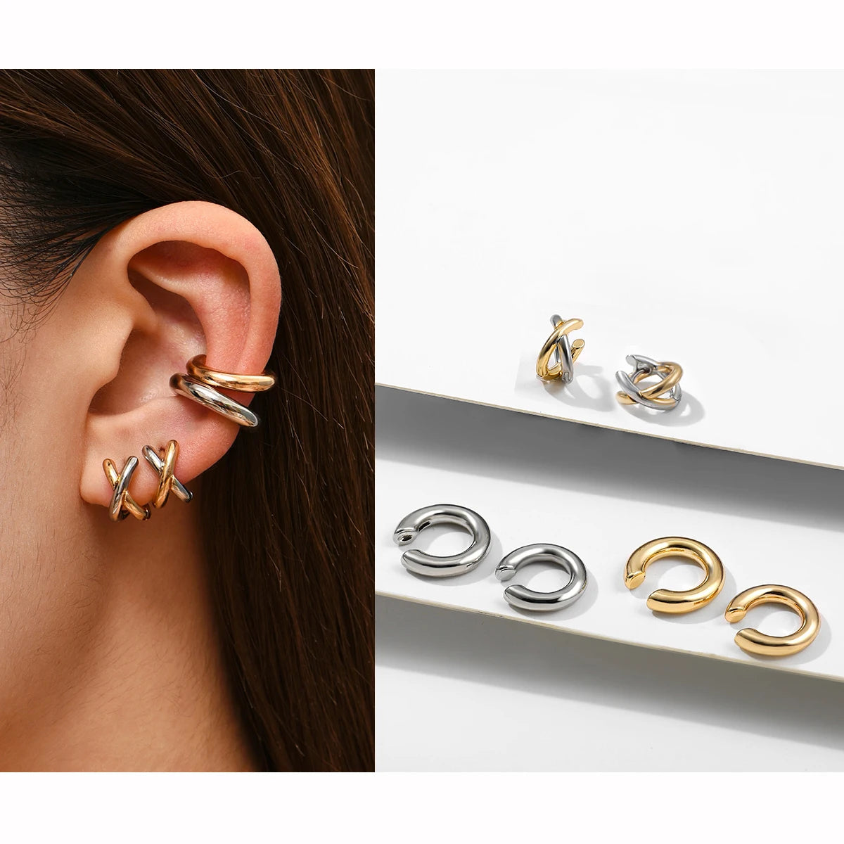Punk Rock Helix Fake Cartilage Ear Cuff with Long Chain Circle Hoop Earrings Set for Women Tiny Piercing Huggie Earring Jewelry