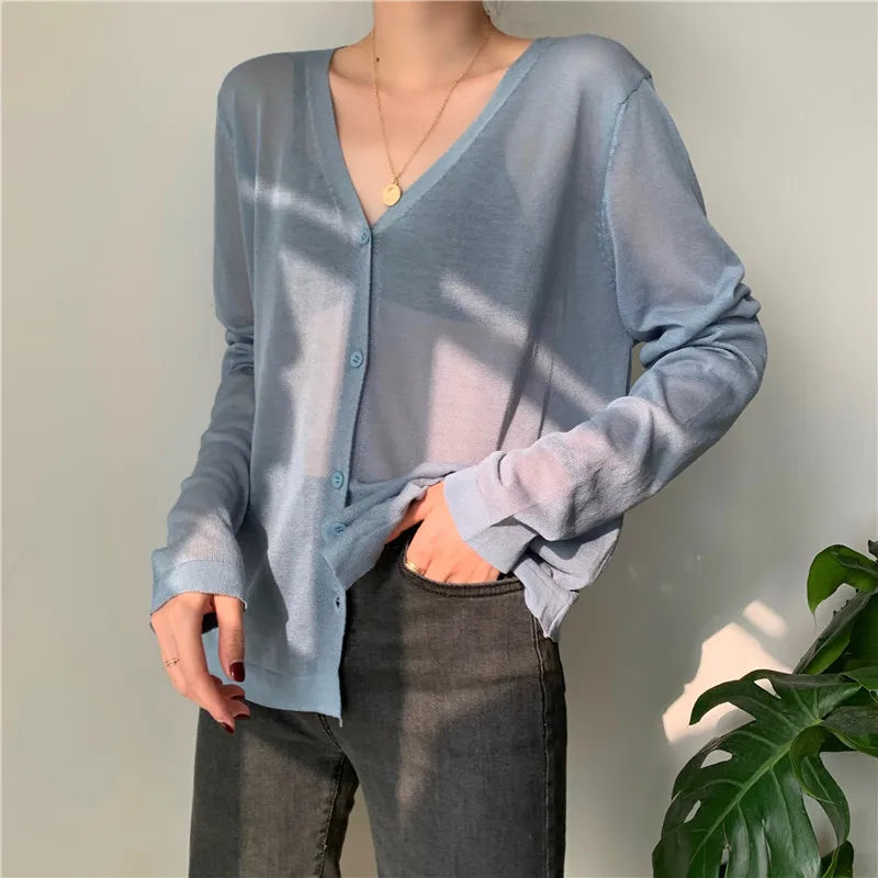 Cardigan Shirt Women Tops Korean Long Sleeve Cardigan Summer Tops V Neck Thin Knitted Sunscreen Shirt Sweater Blusas Mujer E600