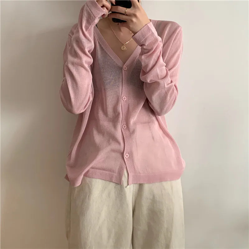 Cardigan Shirt Women Tops Korean Long Sleeve Cardigan Summer Tops V Neck Thin Knitted Sunscreen Shirt Sweater Blusas Mujer E600