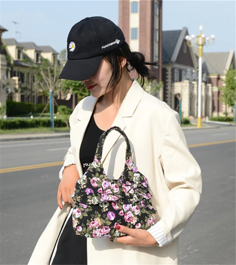 Retro Women Canvas Handbag Bow Shoulder Bag Female Flower Printed Fashion Small Canvas Bag Mobile Phone Bag Coin Purse Mini Bag