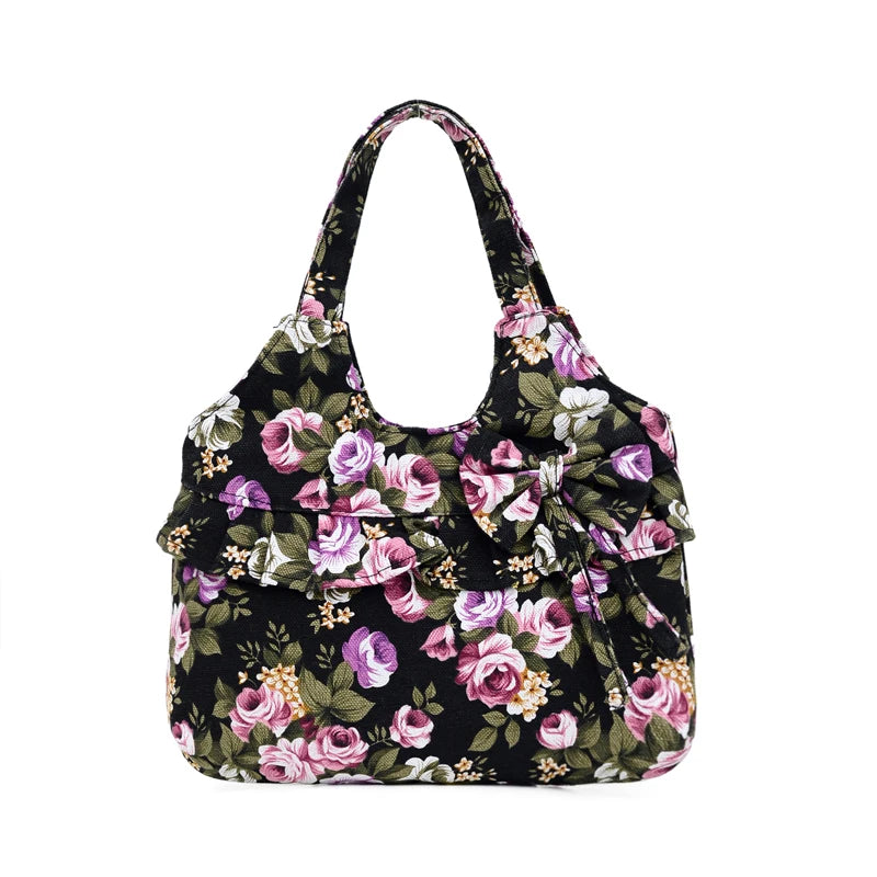 Retro Women Canvas Handbag Bow Shoulder Bag Female Flower Printed Fashion Small Canvas Bag Mobile Phone Bag Coin Purse Mini Bag