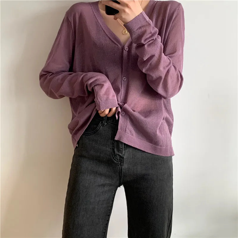 Cardigan Shirt Women Tops Korean Long Sleeve Cardigan Summer Tops V Neck Thin Knitted Sunscreen Shirt Sweater Blusas Mujer E600