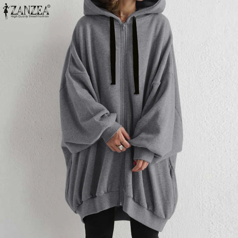 ZANZEA Long Sleeve Korean Style Sweatshirts Hooded Oversize Street Fashion Loose Casual Hoodies Autumn Drawstring Women Outwears