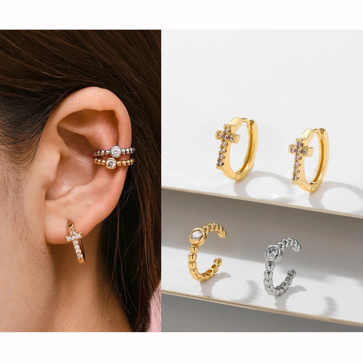 Punk Rock Helix Fake Cartilage Ear Cuff with Long Chain Circle Hoop Earrings Set for Women Tiny Piercing Huggie Earring Jewelry