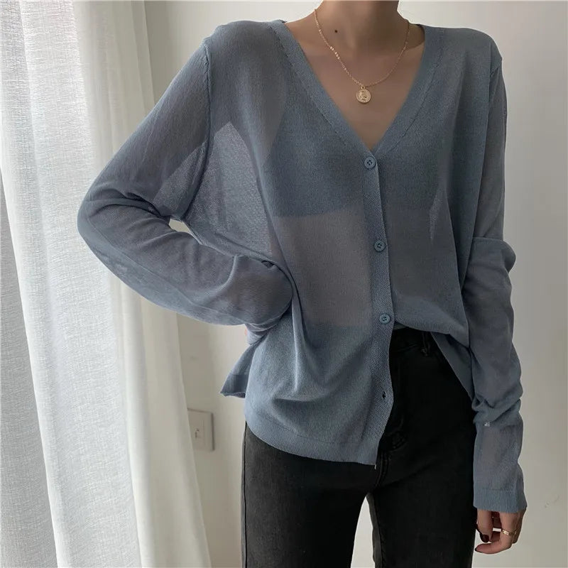 Cardigan Shirt Women Tops Korean Long Sleeve Cardigan Summer Tops V Neck Thin Knitted Sunscreen Shirt Sweater Blusas Mujer E600