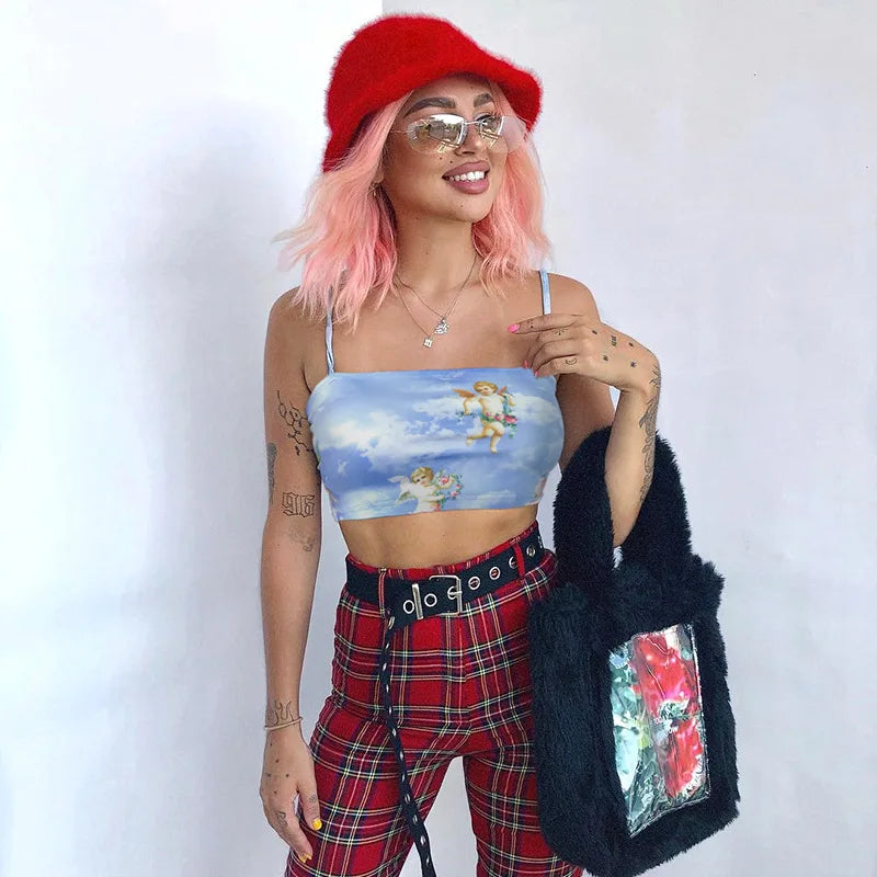 2025 New Fashion Women camisole Sling Top Vest Sleeveless Cold Shoulder The Angel Of Cupid Print Short Camis Female Summer Top