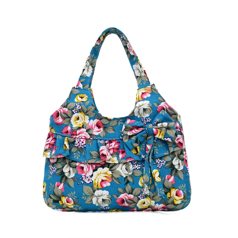 Retro Women Canvas Handbag Bow Shoulder Bag Female Flower Printed Fashion Small Canvas Bag Mobile Phone Bag Coin Purse Mini Bag