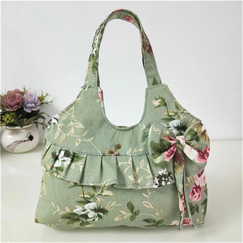 Retro Women Canvas Handbag Bow Shoulder Bag Female Flower Printed Fashion Small Canvas Bag Mobile Phone Bag Coin Purse Mini Bag