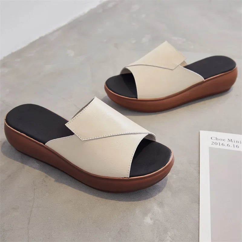 New Styles High Quality White Leather slippers for Woman Cow Light Weight Platform Wedge Sandals Low Prices Factory Oem