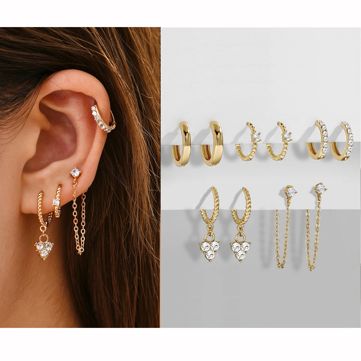 Punk Rock Helix Fake Cartilage Ear Cuff with Long Chain Circle Hoop Earrings Set for Women Tiny Piercing Huggie Earring Jewelry