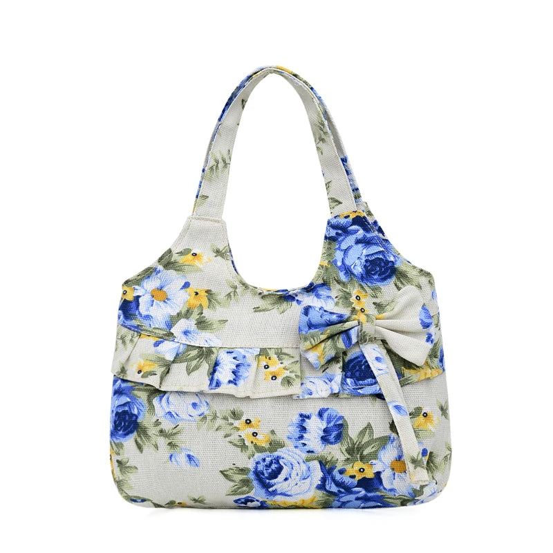 Retro Women Canvas Handbag Bow Shoulder Bag Female Flower Printed Fashion Small Canvas Bag Mobile Phone Bag Coin Purse Mini Bag