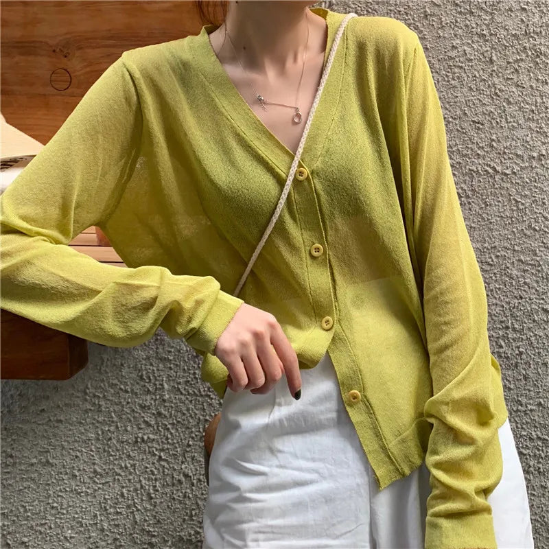 Cardigan Shirt Women Tops Korean Long Sleeve Cardigan Summer Tops V Neck Thin Knitted Sunscreen Shirt Sweater Blusas Mujer E600