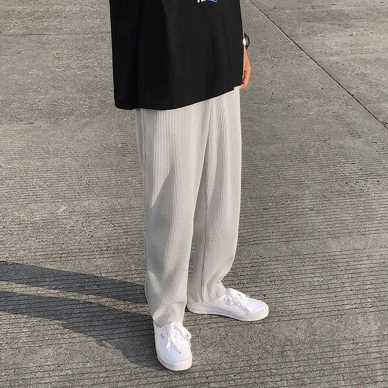 Pleated Pants Men Summer Straight Casual Pants Men Japanese Streetwear Loose Ice Silk Pants Mens Wide Leg Pants Man Trousers