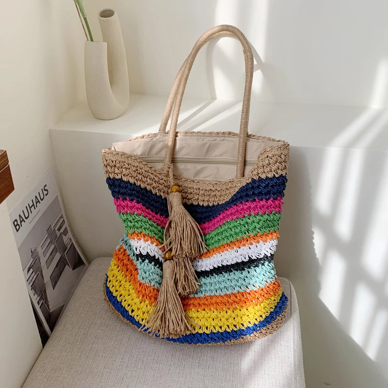 Shopping bag female 2020 new large capacity tassel tote bag shoulder crossbody ins fashion woven handbag