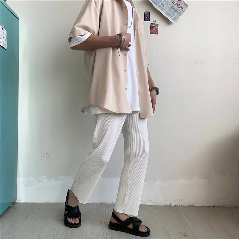 Pleated Pants Men Summer Straight Casual Pants Men Japanese Streetwear Loose Ice Silk Pants Mens Wide Leg Pants Man Trousers