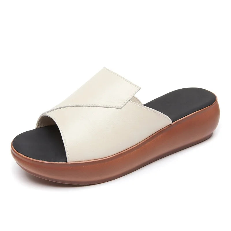 New Styles High Quality White Leather slippers for Woman Cow Light Weight Platform Wedge Sandals Low Prices Factory Oem