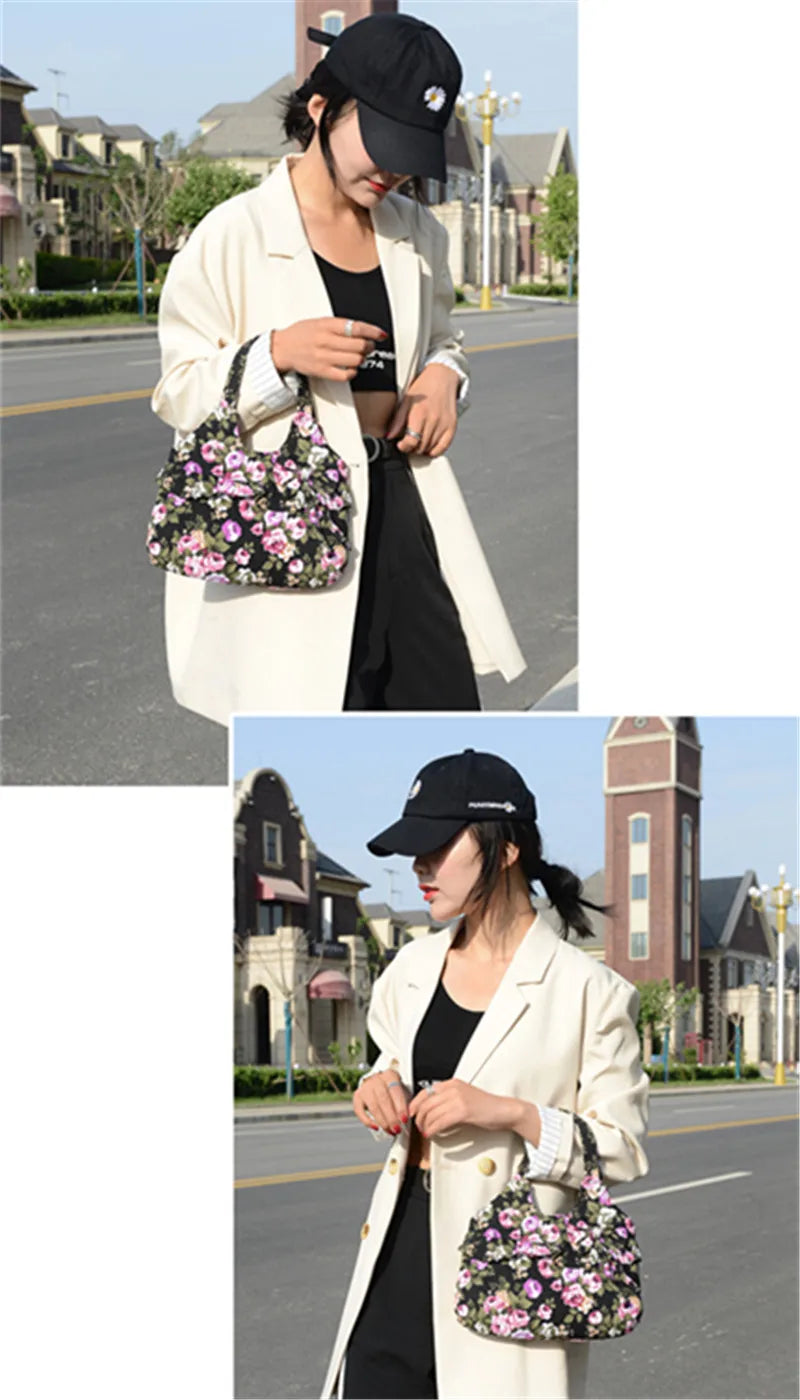Retro Women Canvas Handbag Bow Shoulder Bag Female Flower Printed Fashion Small Canvas Bag Mobile Phone Bag Coin Purse Mini Bag