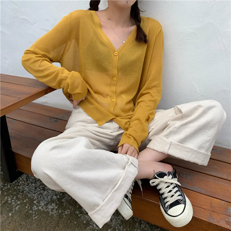 Cardigan Shirt Women Tops Korean Long Sleeve Cardigan Summer Tops V Neck Thin Knitted Sunscreen Shirt Sweater Blusas Mujer E600