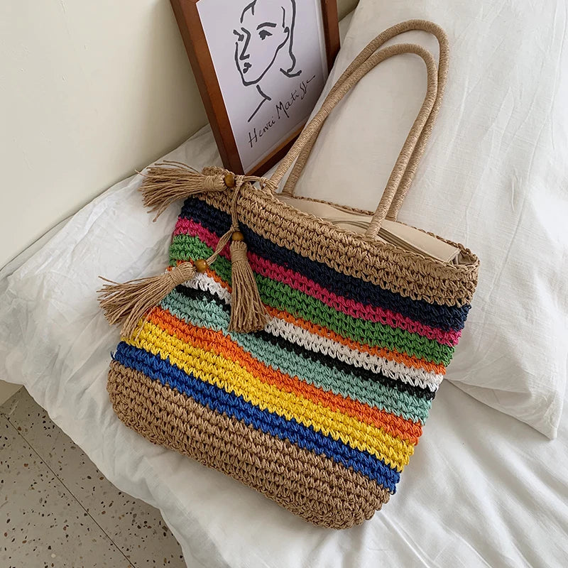 Shopping bag female 2020 new large capacity tassel tote bag shoulder crossbody ins fashion woven handbag