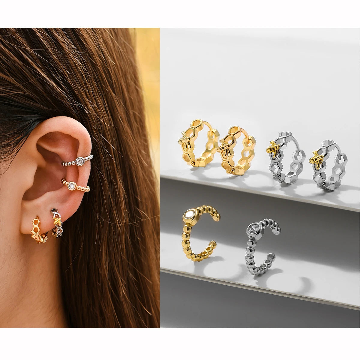 Punk Rock Helix Fake Cartilage Ear Cuff with Long Chain Circle Hoop Earrings Set for Women Tiny Piercing Huggie Earring Jewelry